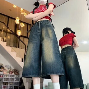 Quần short jeans baggy lửng nữ ống thẳng suông