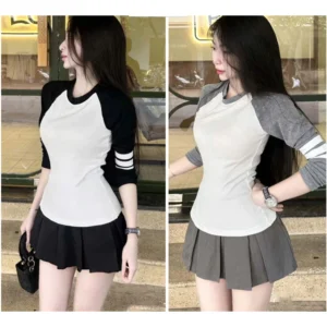 Áo Thun Dài Tay Ôm Body Phối Màu 3 Sọc Xinh Xắn