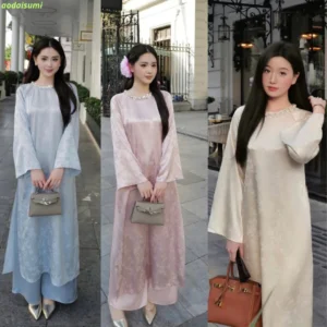 Áo dài cách tân Tâm Giao cách dáng xuông chất liệu lụa gấm hoa trúc cổ đính đá nhẹ nhàng